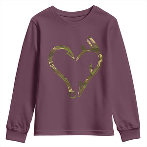 Fishing And Hunting Vintage Camo Hook Antler Heart Youth Sweatshirt TS11 Maroon Print Your Wear