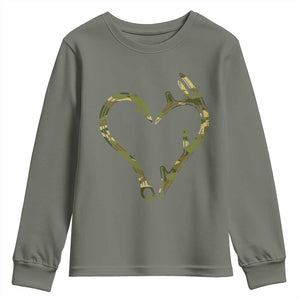 Fishing And Hunting Vintage Camo Hook Antler Heart Youth Sweatshirt TS11 Military Green Print Your Wear