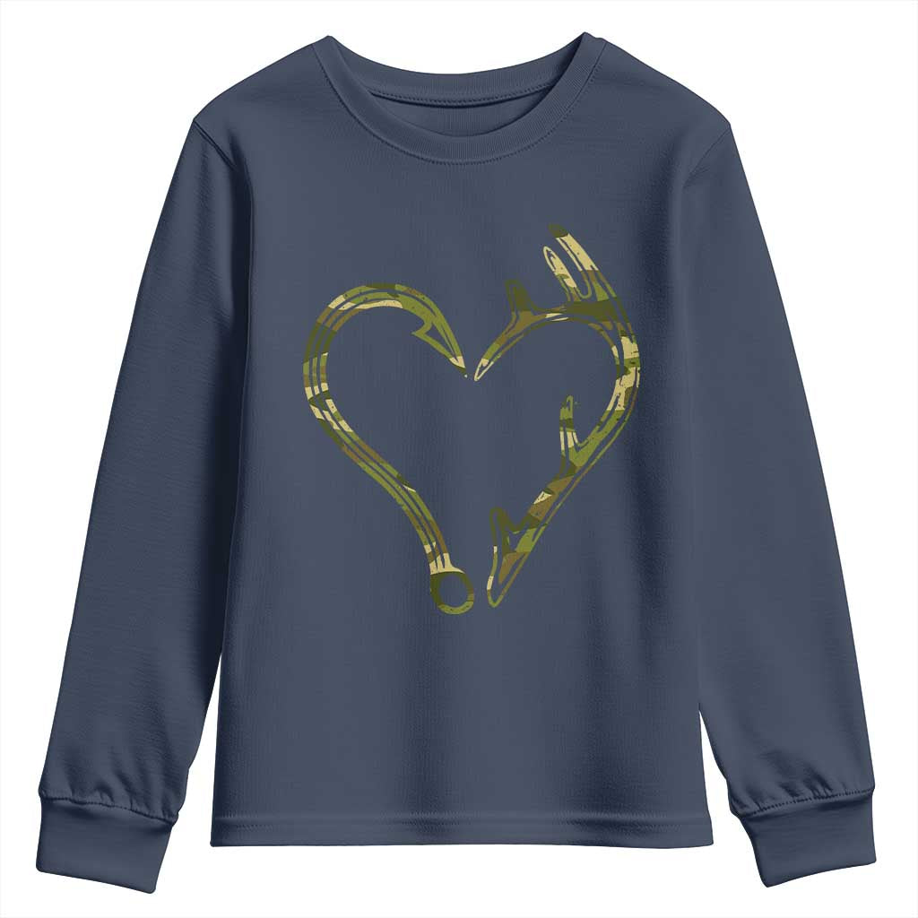 Fishing And Hunting Vintage Camo Hook Antler Heart Youth Sweatshirt TS11 Navy Print Your Wear