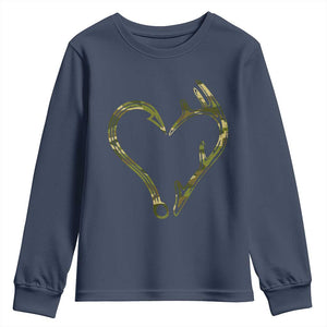 Fishing And Hunting Vintage Camo Hook Antler Heart Youth Sweatshirt TS11 Navy Print Your Wear