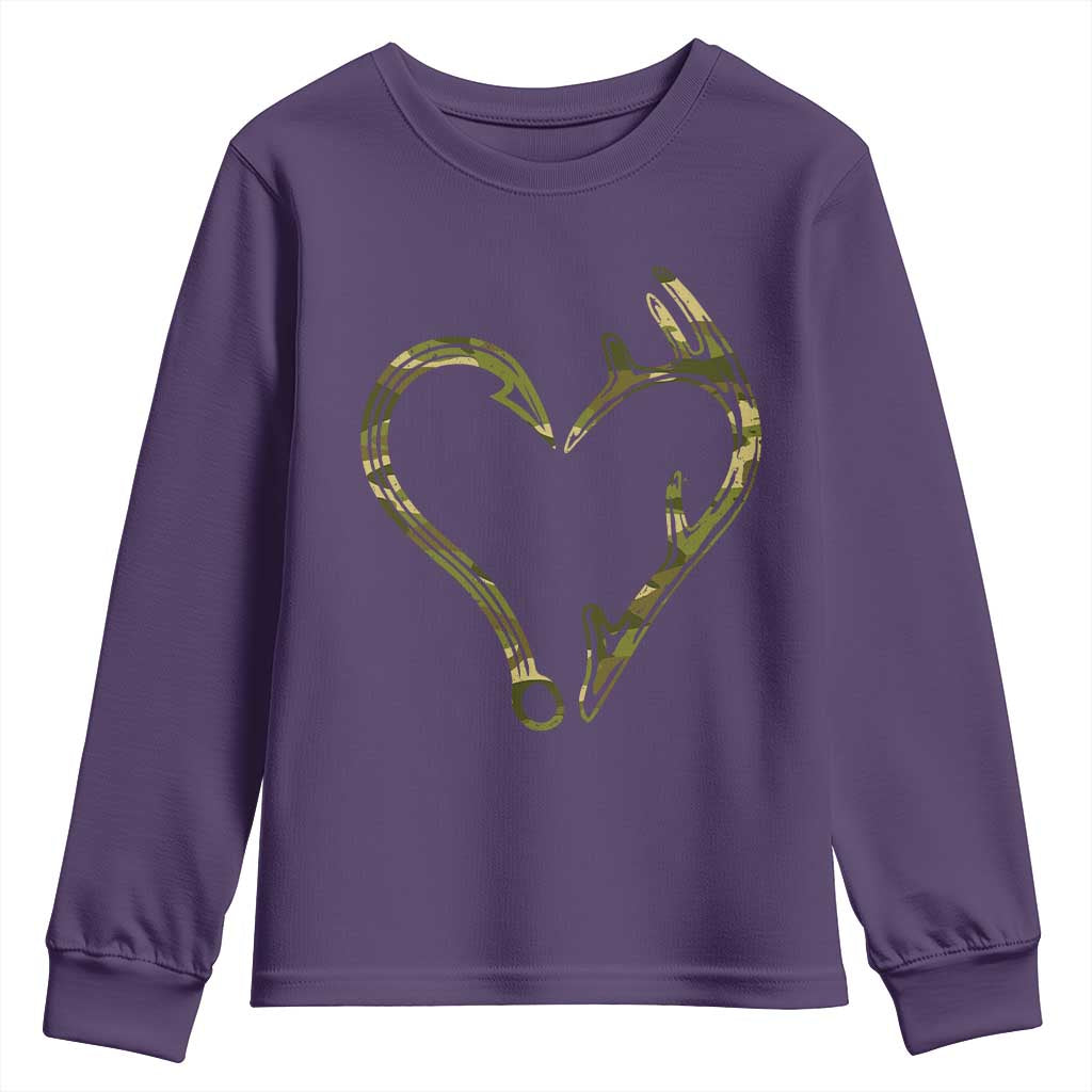 Fishing And Hunting Vintage Camo Hook Antler Heart Youth Sweatshirt TS11 Purple Print Your Wear