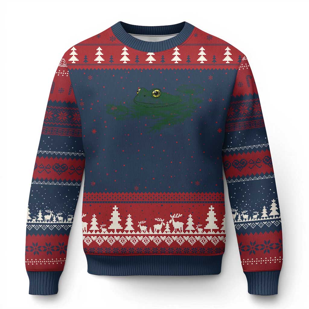 Funny Frog Swimming in Pond Cottagecore Style Ugly Christmas Sweater TS11 Navy Red Print Your Wear