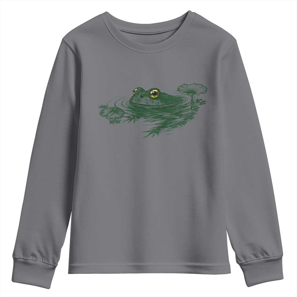Funny Frog Swimming in Pond Cottagecore Style Youth Sweatshirt TS11 Charcoal Print Your Wear