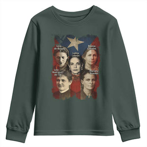 Puerto Rican Heroines Youth Sweatshirt Boricua Julia Lolita Blanca Mariana Lola Puerto Rico Flag TS11 Dark Forest Green Print Your Wear