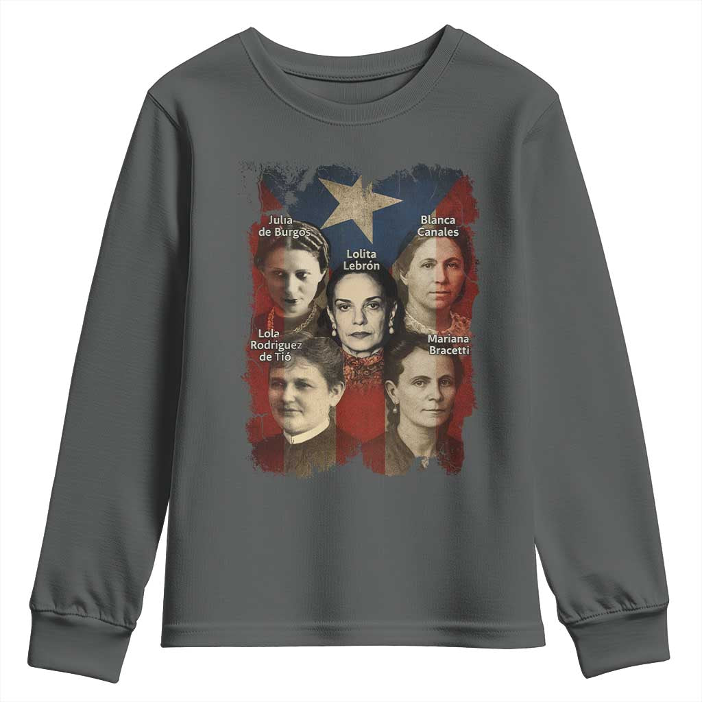 Puerto Rican Heroines Youth Sweatshirt Boricua Julia Lolita Blanca Mariana Lola Puerto Rico Flag TS11 Dark Heather Print Your Wear