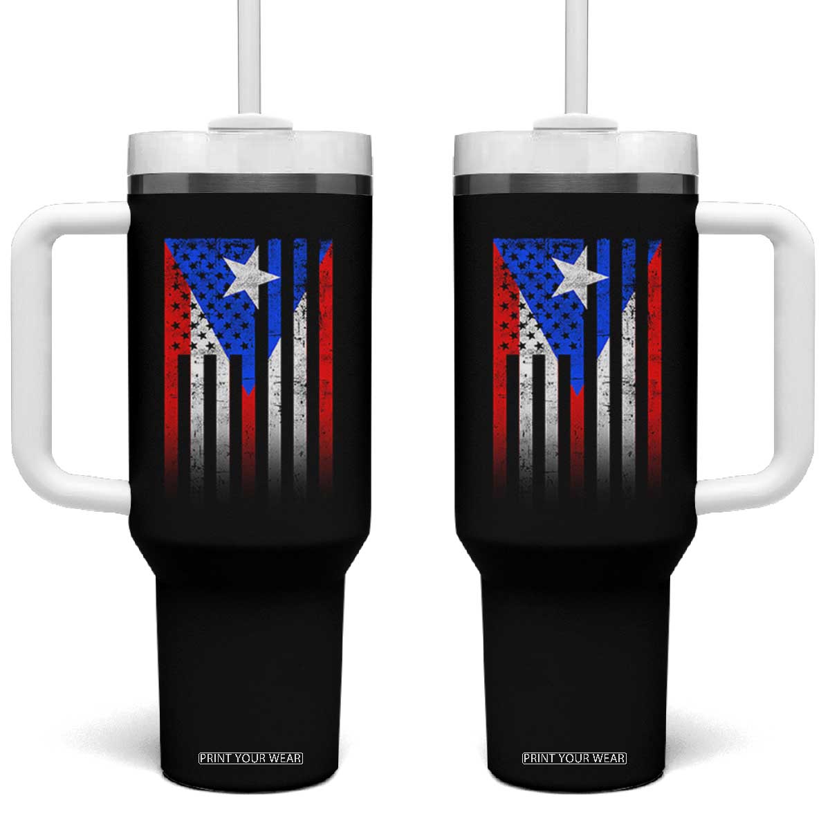 Puerto Rican American Tumbler With Handle Half Rican American Puerto Rico Pride TS11 One Size: 40 oz Black Print Your Wear