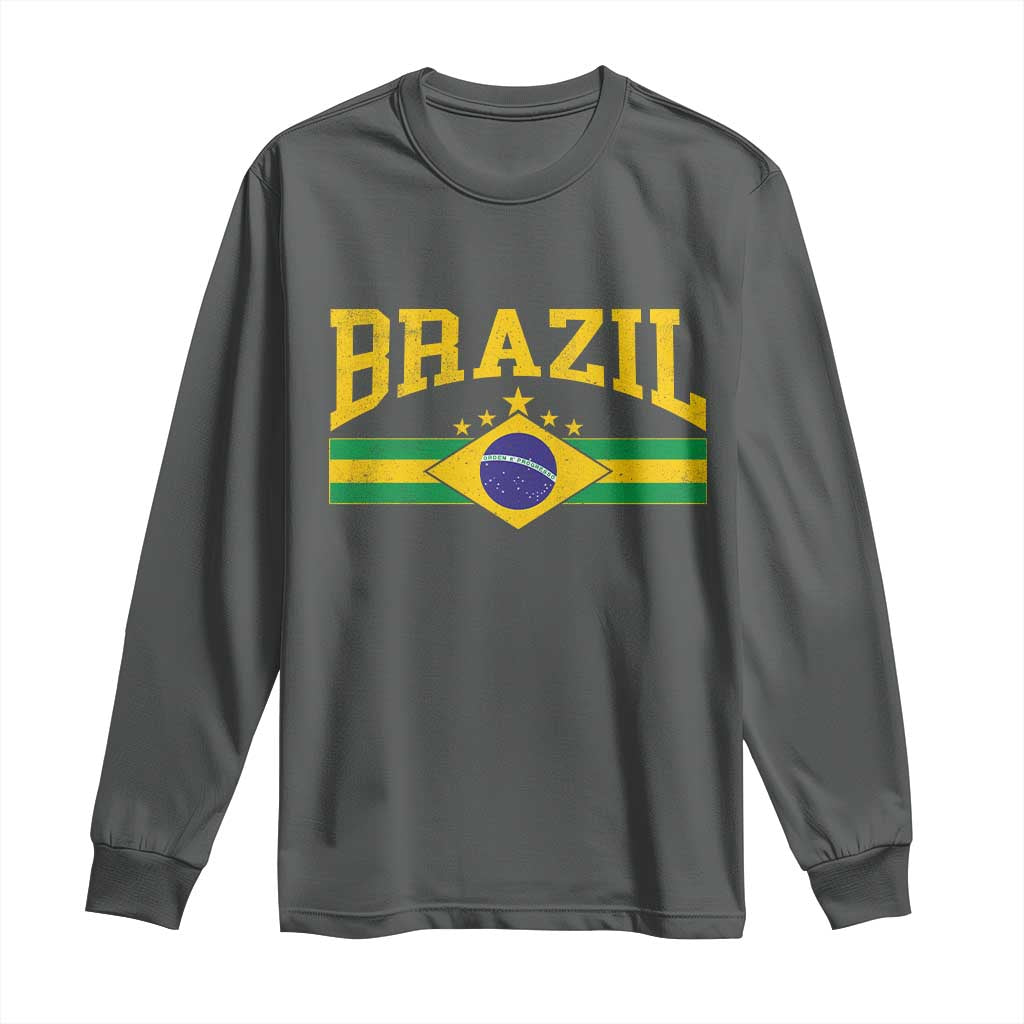 Brazilian Pride Vintage Brasil Brazil Flag Latin America Long Sleeve Shirt TS11 Dark Heather Print Your Wear
