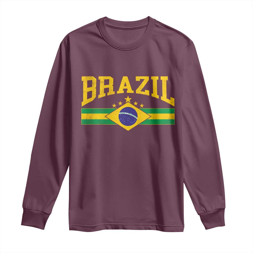 Brazilian Pride Vintage Brasil Brazil Flag Latin America Long Sleeve Shirt TS11 Maroon Print Your Wear