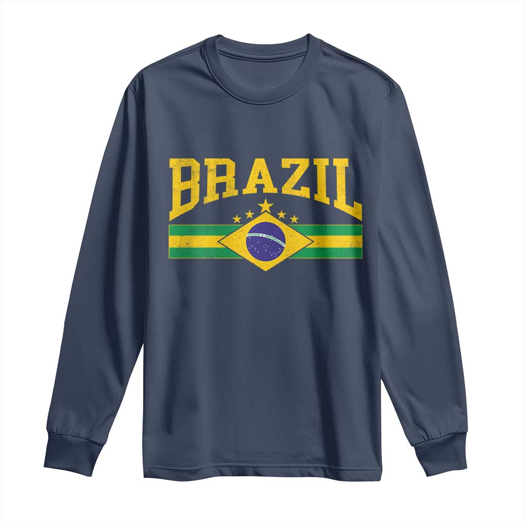 Brazilian Pride Vintage Brasil Brazil Flag Latin America Long Sleeve Shirt TS11 Navy Print Your Wear