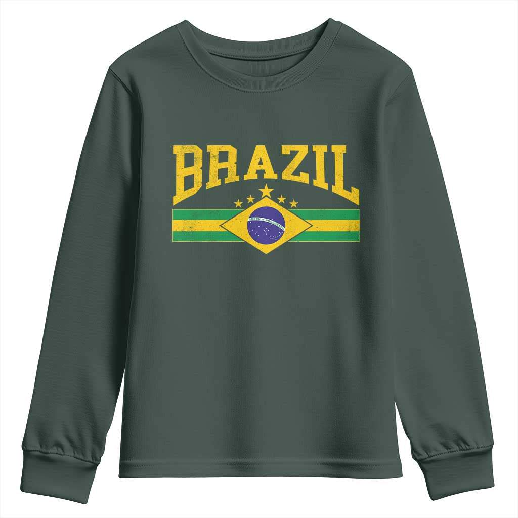 Brazilian Pride Vintage Brasil Brazil Flag Latin America Youth Sweatshirt TS11 Dark Forest Green Print Your Wear
