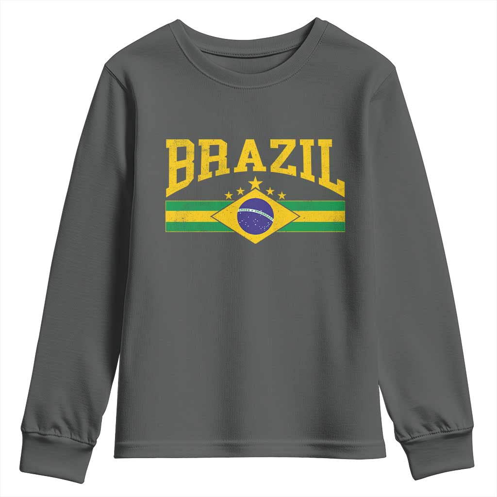 Brazilian Pride Vintage Brasil Brazil Flag Latin America Youth Sweatshirt TS11 Dark Heather Print Your Wear