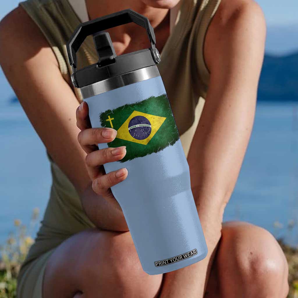 Brazilian Pride Christian Cross Latin America Brazil Flag Flip Straw Tumbler TS11 One Size: 30 oz Light Blue Print Your Wear