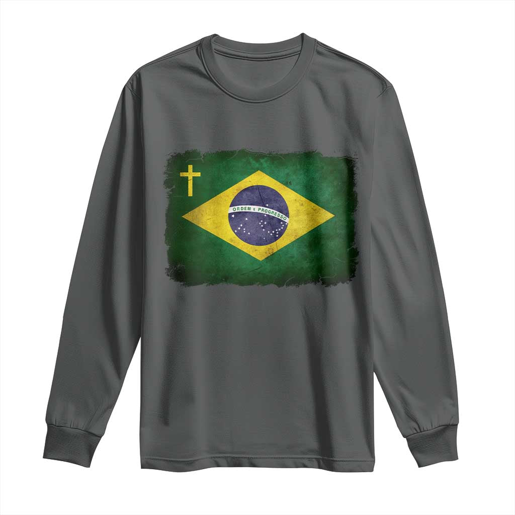 Brazilian Pride Christian Cross Latin America Brazil Flag Long Sleeve Shirt TS11 Dark Heather Print Your Wear