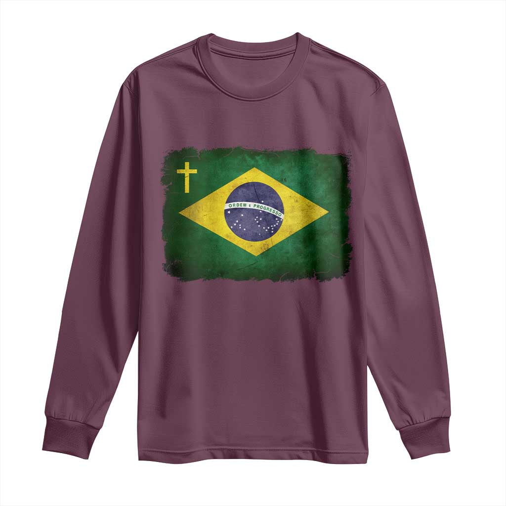 Brazilian Pride Christian Cross Latin America Brazil Flag Long Sleeve Shirt TS11 Maroon Print Your Wear