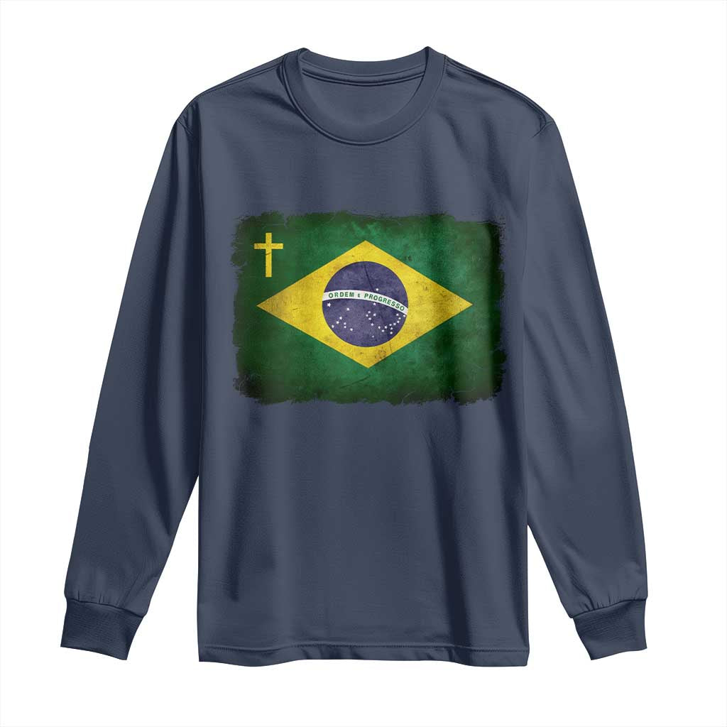 Brazilian Pride Christian Cross Latin America Brazil Flag Long Sleeve Shirt TS11 Navy Print Your Wear