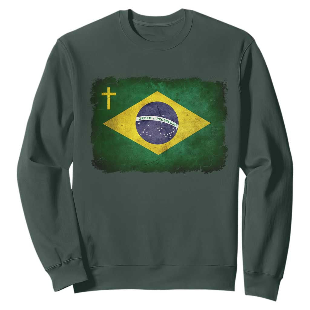 Brazilian Pride Christian Cross Latin America Brazil Flag Sweatshirt TS11 Dark Forest Green Print Your Wear