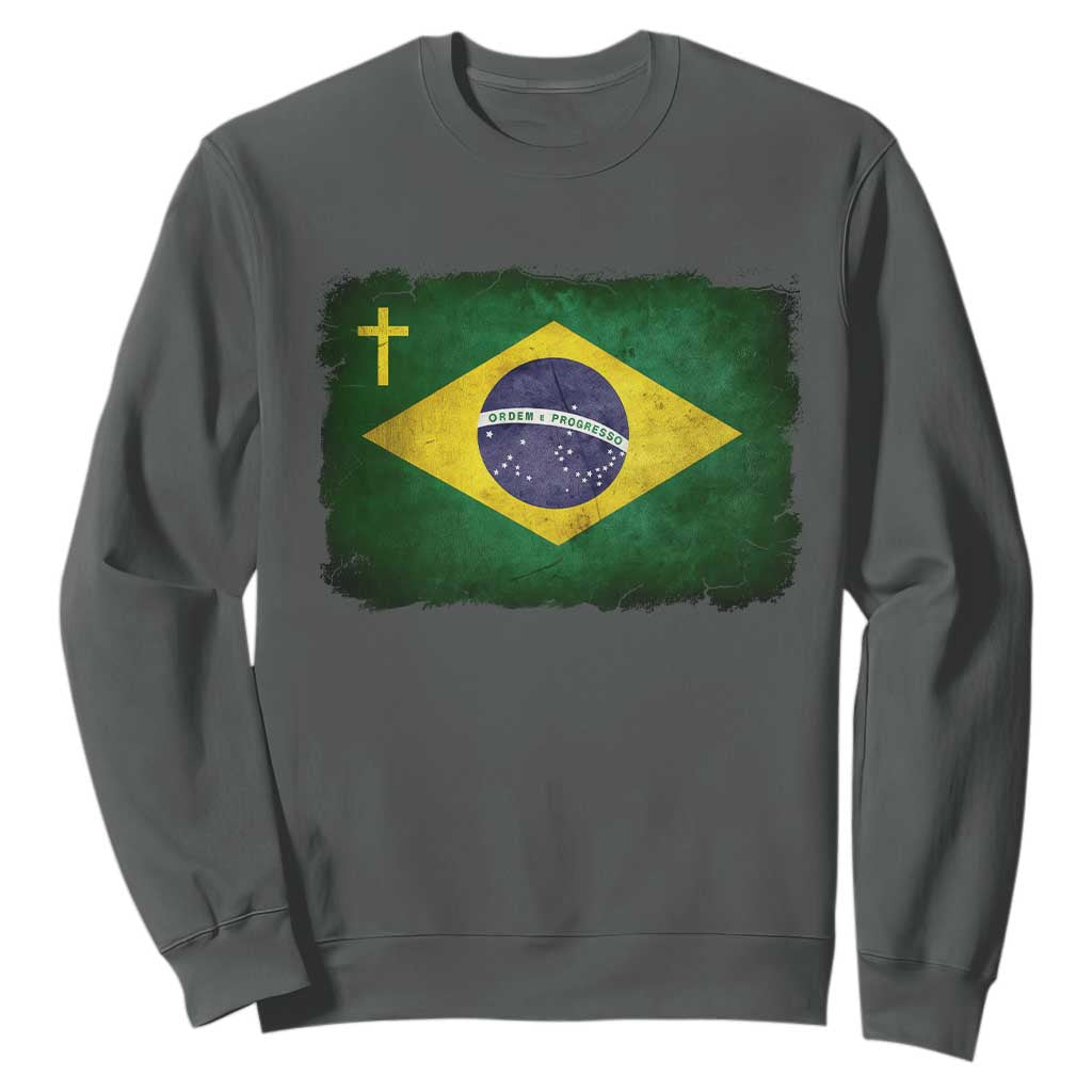 Brazilian Pride Christian Cross Latin America Brazil Flag Sweatshirt TS11 Dark Heather Print Your Wear
