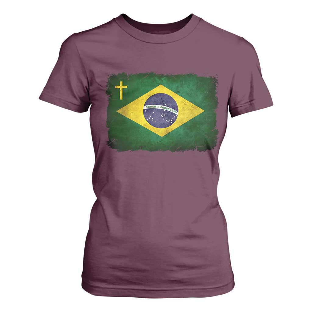 Brazilian Pride Christian Cross Latin America Brazil Flag T Shirt For Women TS11 Maroon Print Your Wear