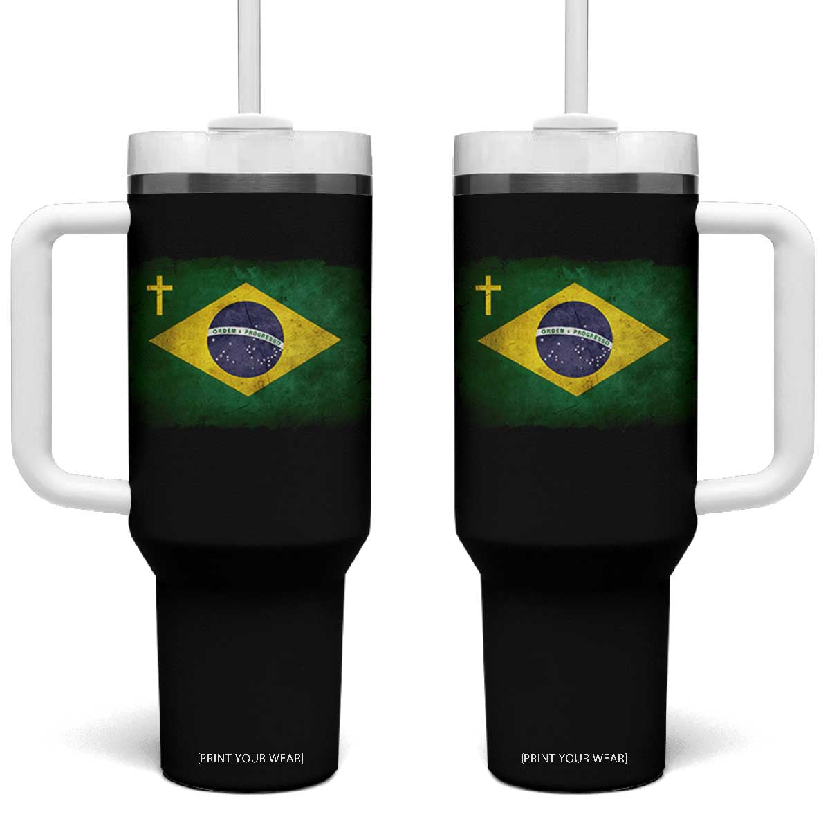 Brazilian Pride Christian Cross Latin America Brazil Flag Tumbler With Handle TS11 One Size: 40 oz Black Print Your Wear