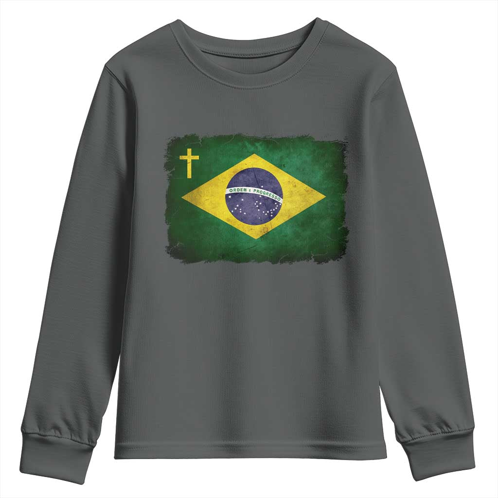 Brazilian Pride Christian Cross Latin America Brazil Flag Youth Sweatshirt TS11 Dark Heather Print Your Wear