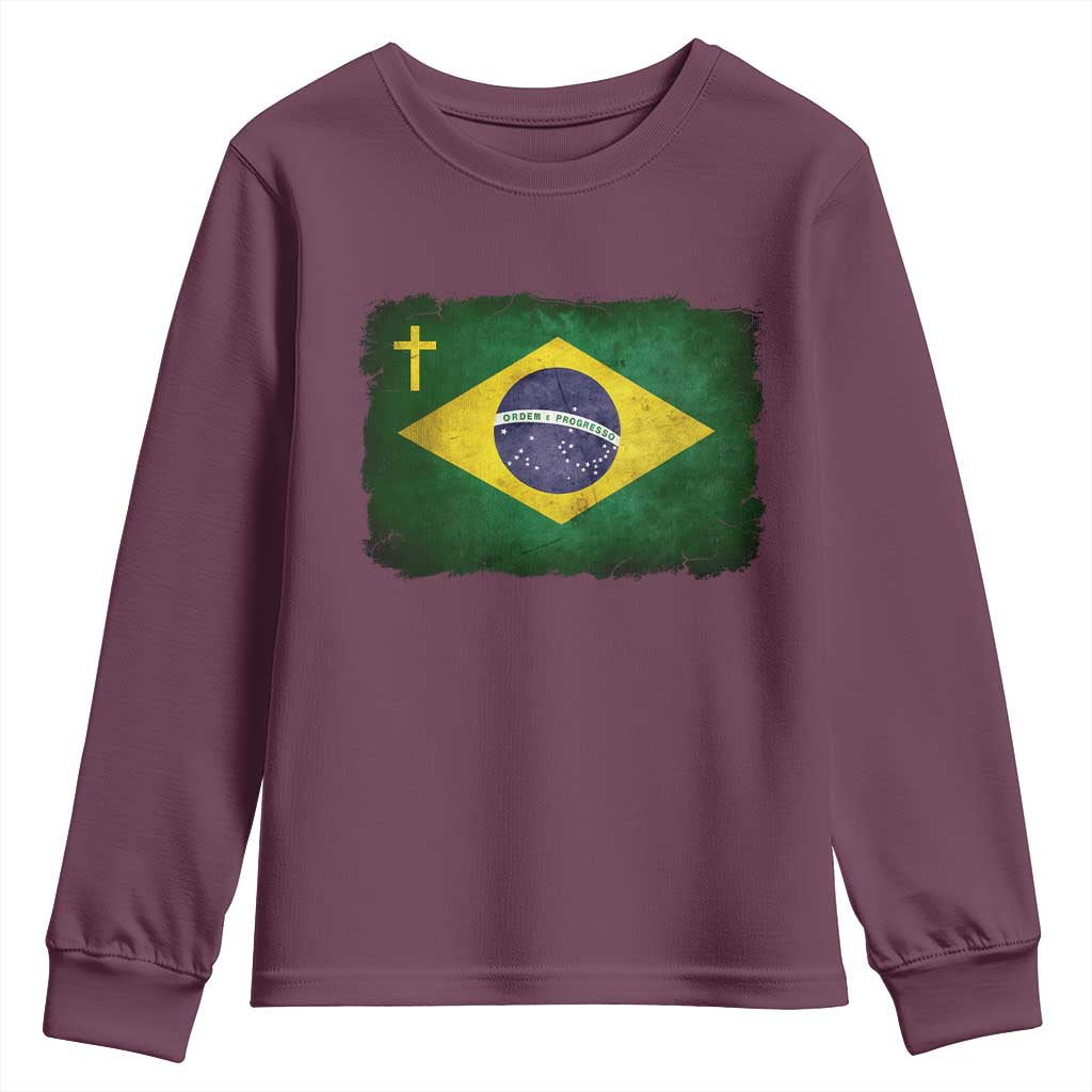 Brazilian Pride Christian Cross Latin America Brazil Flag Youth Sweatshirt TS11 Maroon Print Your Wear