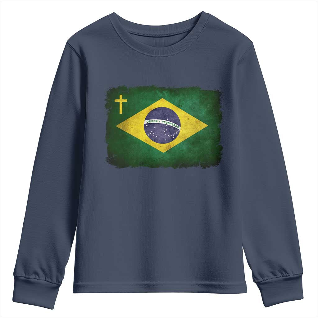 Brazilian Pride Christian Cross Latin America Brazil Flag Youth Sweatshirt TS11 Navy Print Your Wear