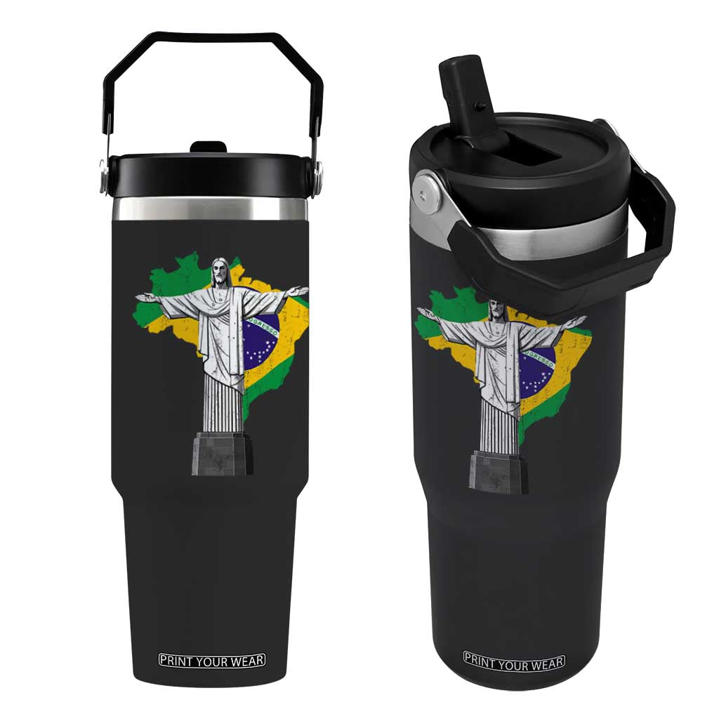 Brazilian Pride Christ the Redeemer Statue Latin America Brazil Map Flip Straw Tumbler TS11 One Size: 30 oz Black Print Your Wear