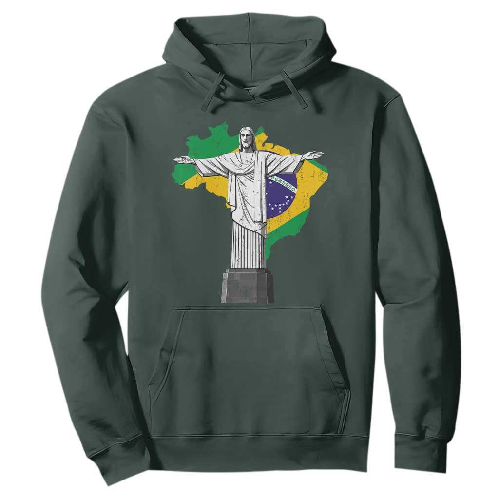 Brazilian Pride Christ the Redeemer Statue Latin America Brazil Map Hoodie TS11 Dark Forest Green Print Your Wear