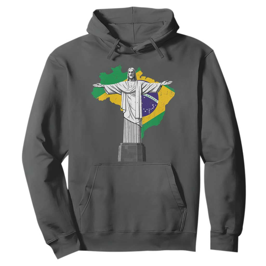 Brazilian Pride Christ the Redeemer Statue Latin America Brazil Map Hoodie TS11 Dark Heather Print Your Wear
