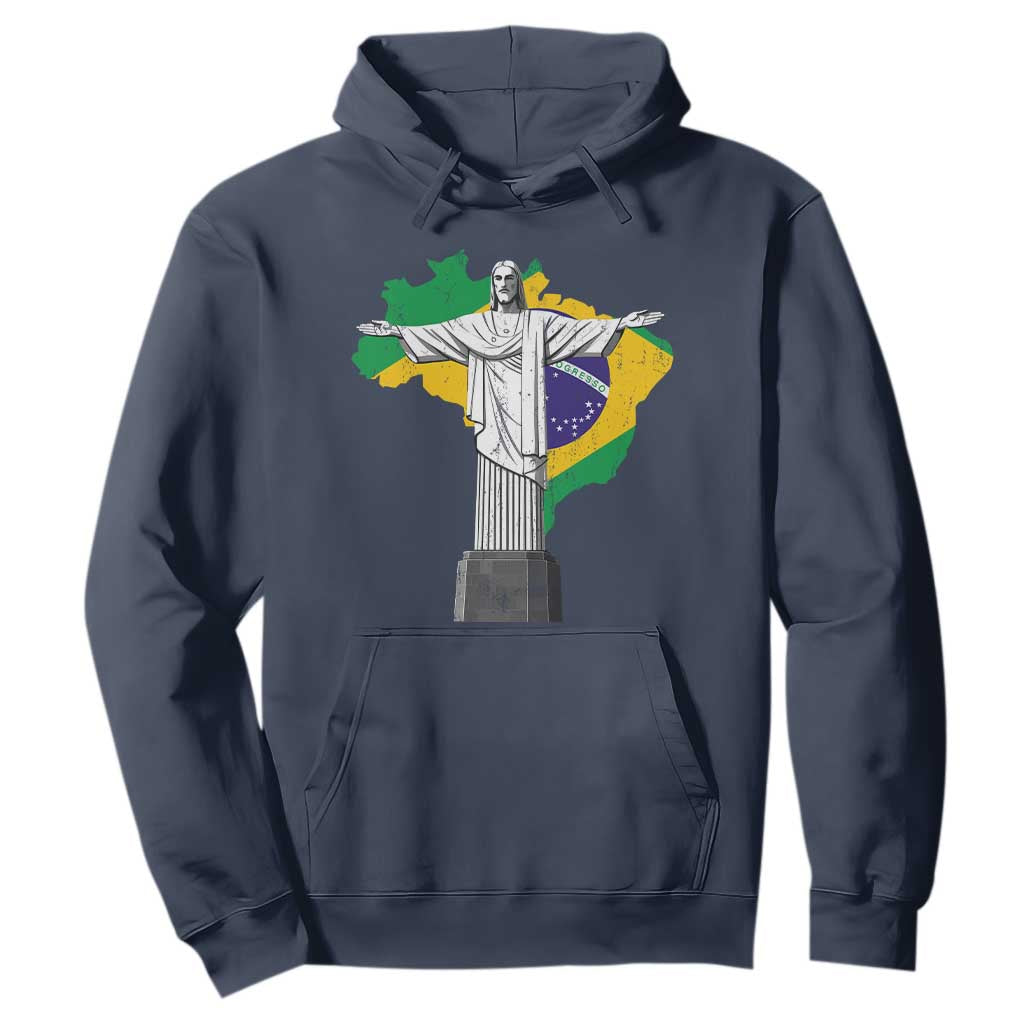 Brazilian Pride Christ the Redeemer Statue Latin America Brazil Map Hoodie TS11 Navy Print Your Wear
