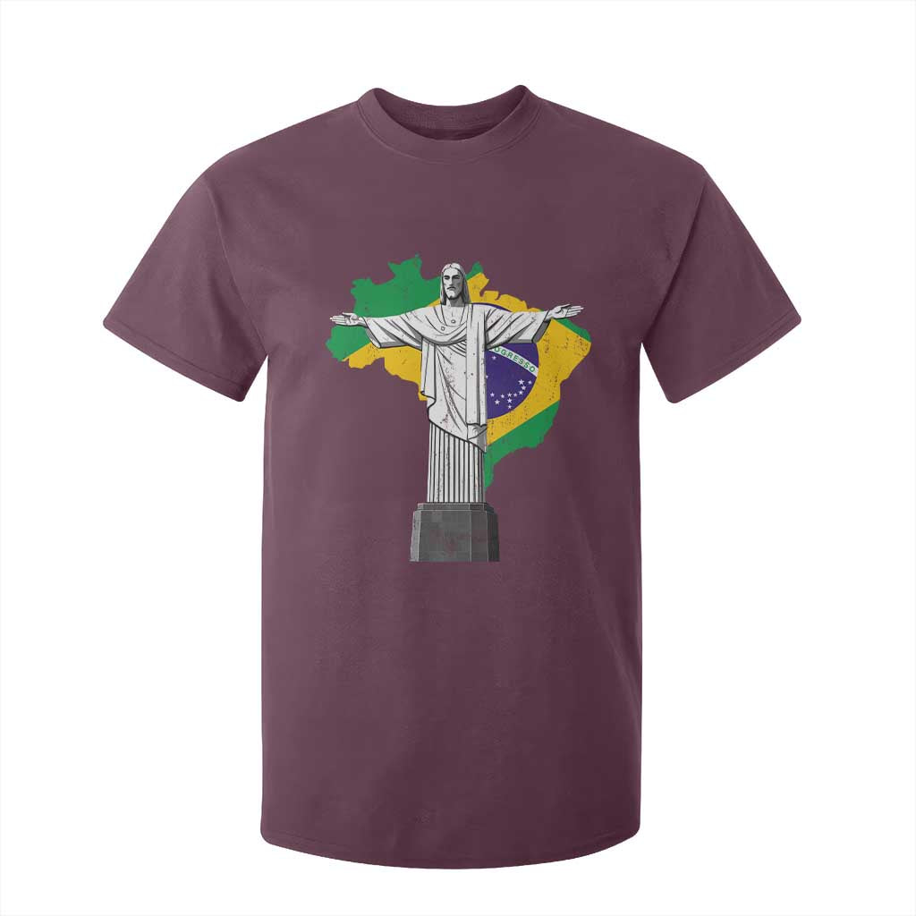 Brazilian Pride Christ the Redeemer Statue Latin America Brazil Map T Shirt For Kid TS11 Maroon Print Your Wear