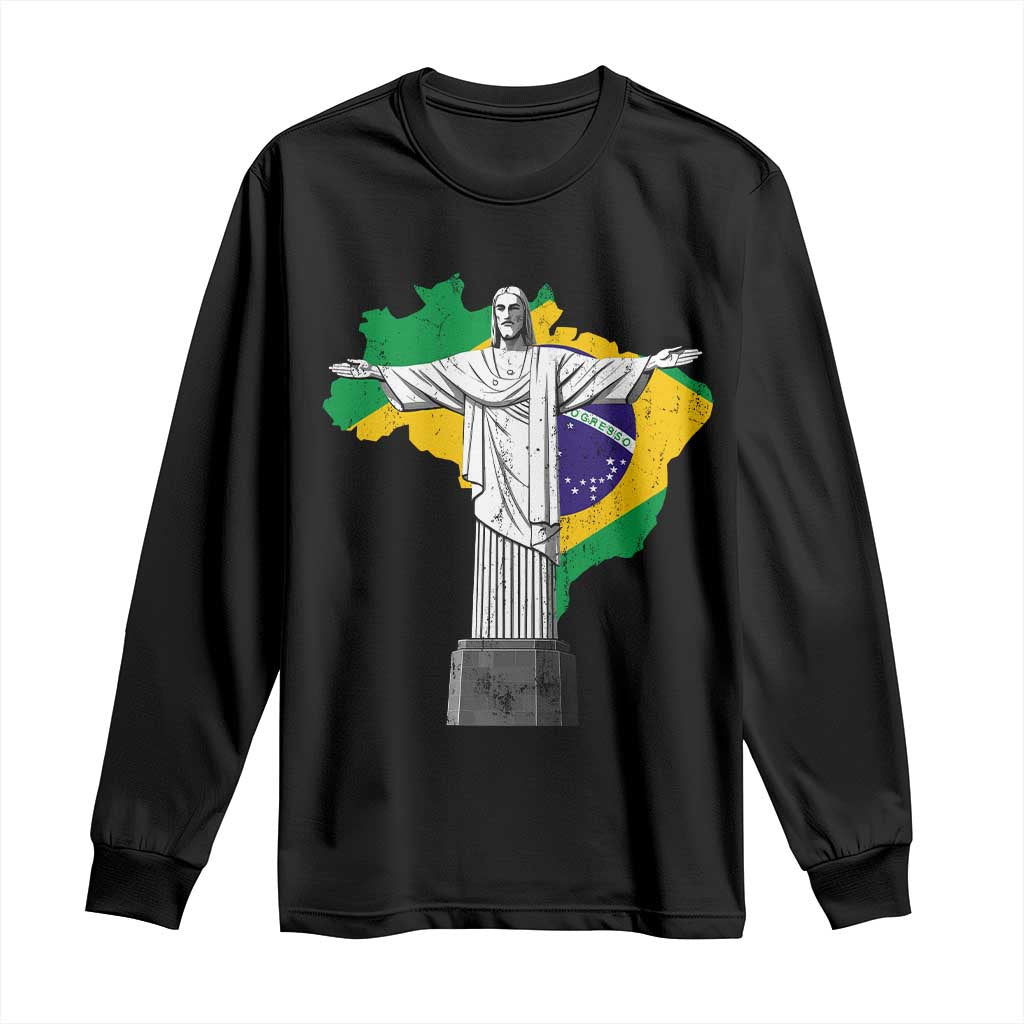 Brazilian Pride Christ the Redeemer Statue Latin America Brazil Map Long Sleeve Shirt TS11 Black Print Your Wear