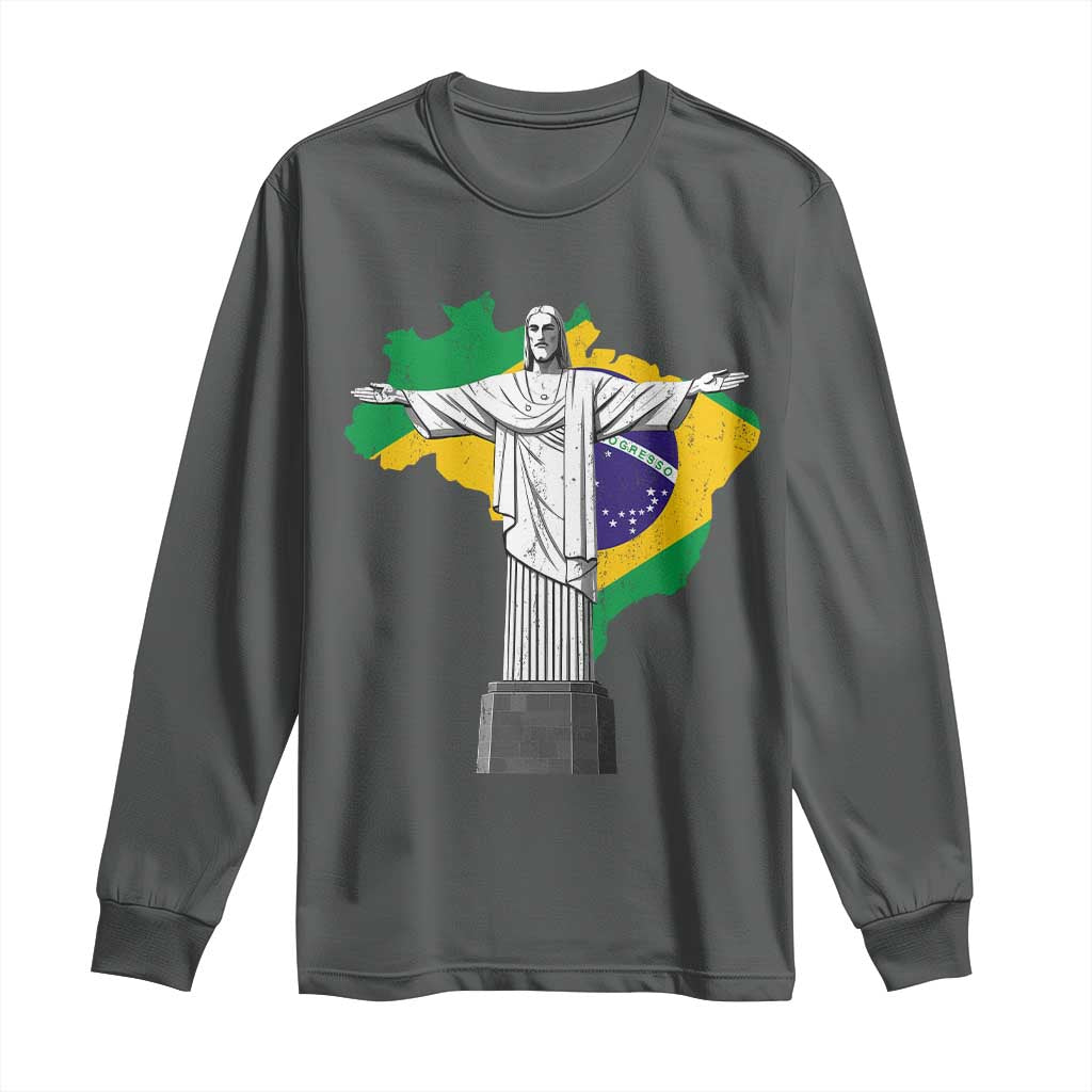 Brazilian Pride Christ the Redeemer Statue Latin America Brazil Map Long Sleeve Shirt TS11 Dark Heather Print Your Wear