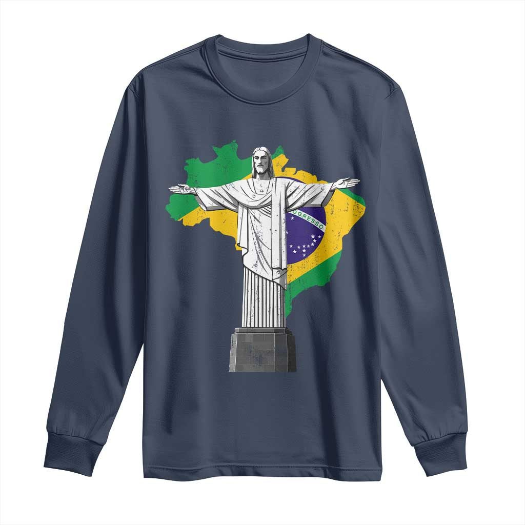 Brazilian Pride Christ the Redeemer Statue Latin America Brazil Map Long Sleeve Shirt TS11 Navy Print Your Wear