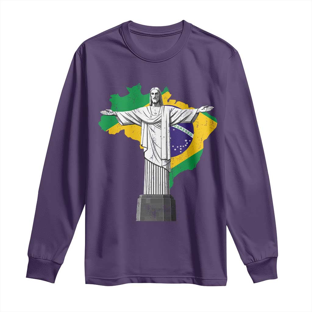 Brazilian Pride Christ the Redeemer Statue Latin America Brazil Map Long Sleeve Shirt TS11 Purple Print Your Wear