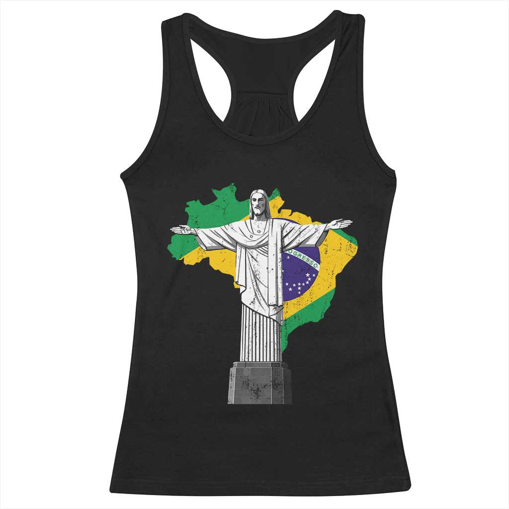 Brazilian Pride Christ the Redeemer Statue Latin America Brazil Map Racerback Tank Top TS11 Black Print Your Wear