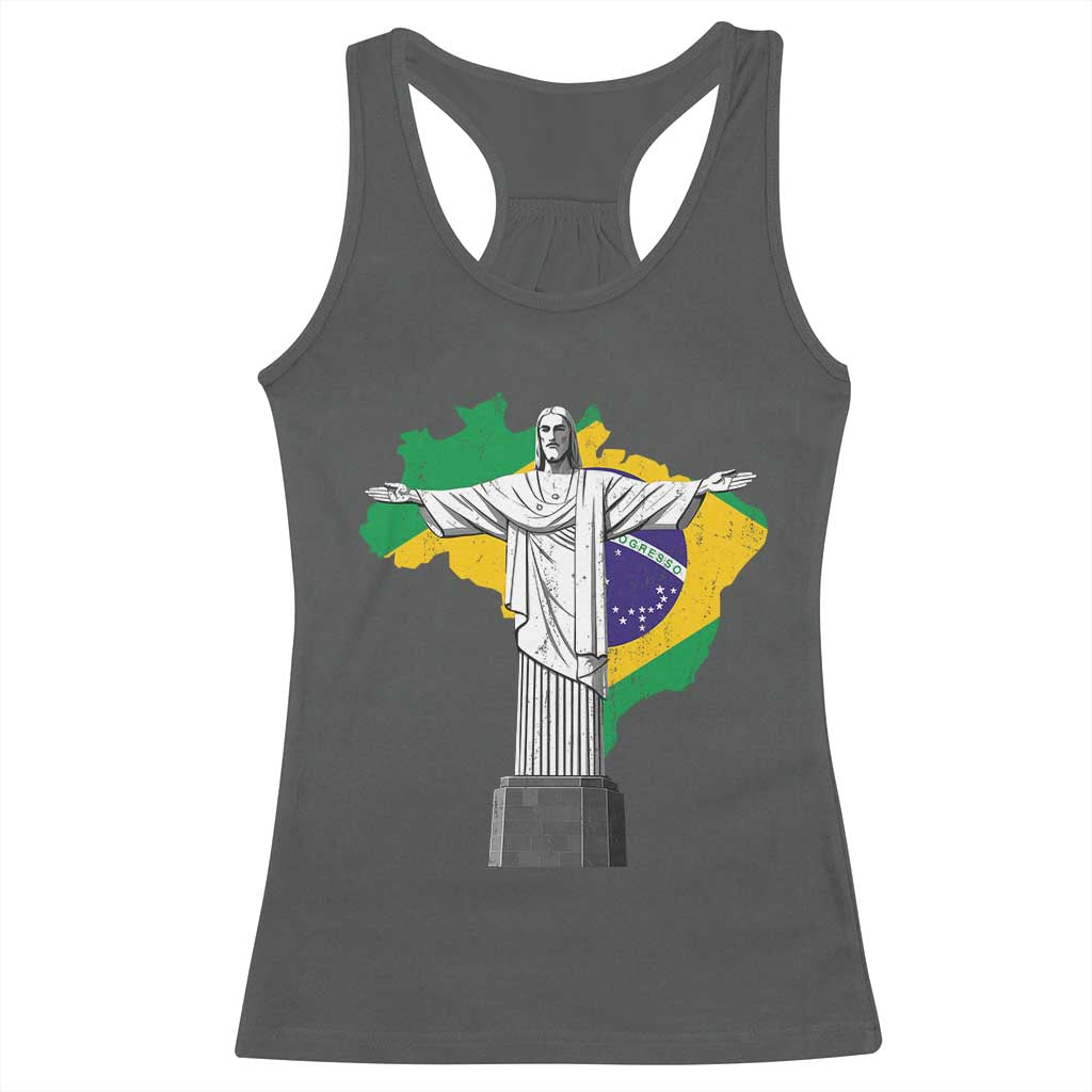 Brazilian Pride Christ the Redeemer Statue Latin America Brazil Map Racerback Tank Top TS11 Dark Heather Print Your Wear