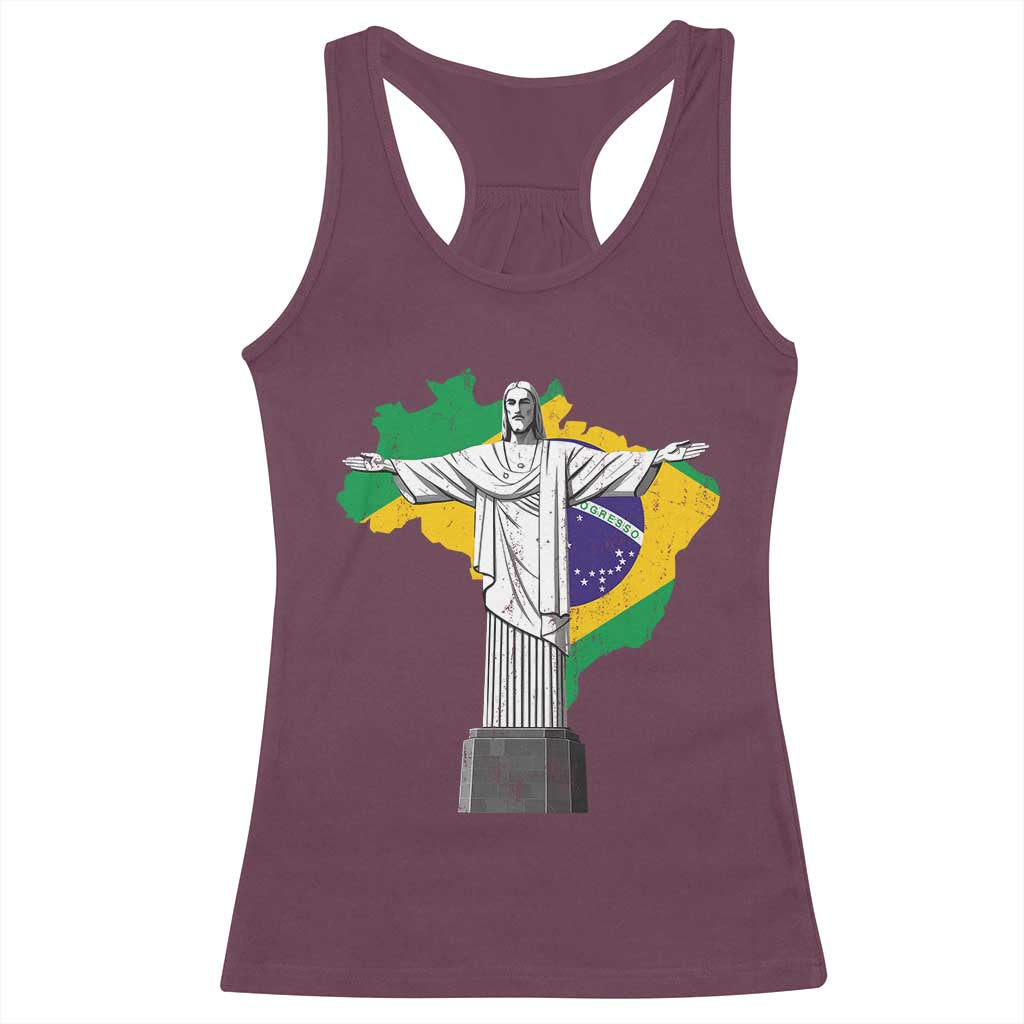 Brazilian Pride Christ the Redeemer Statue Latin America Brazil Map Racerback Tank Top TS11 Maroon Print Your Wear