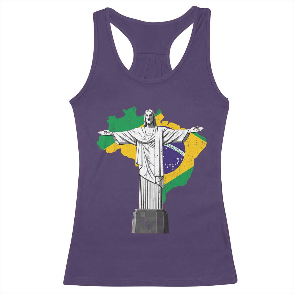 Brazilian Pride Christ the Redeemer Statue Latin America Brazil Map Racerback Tank Top TS11 Purple Print Your Wear
