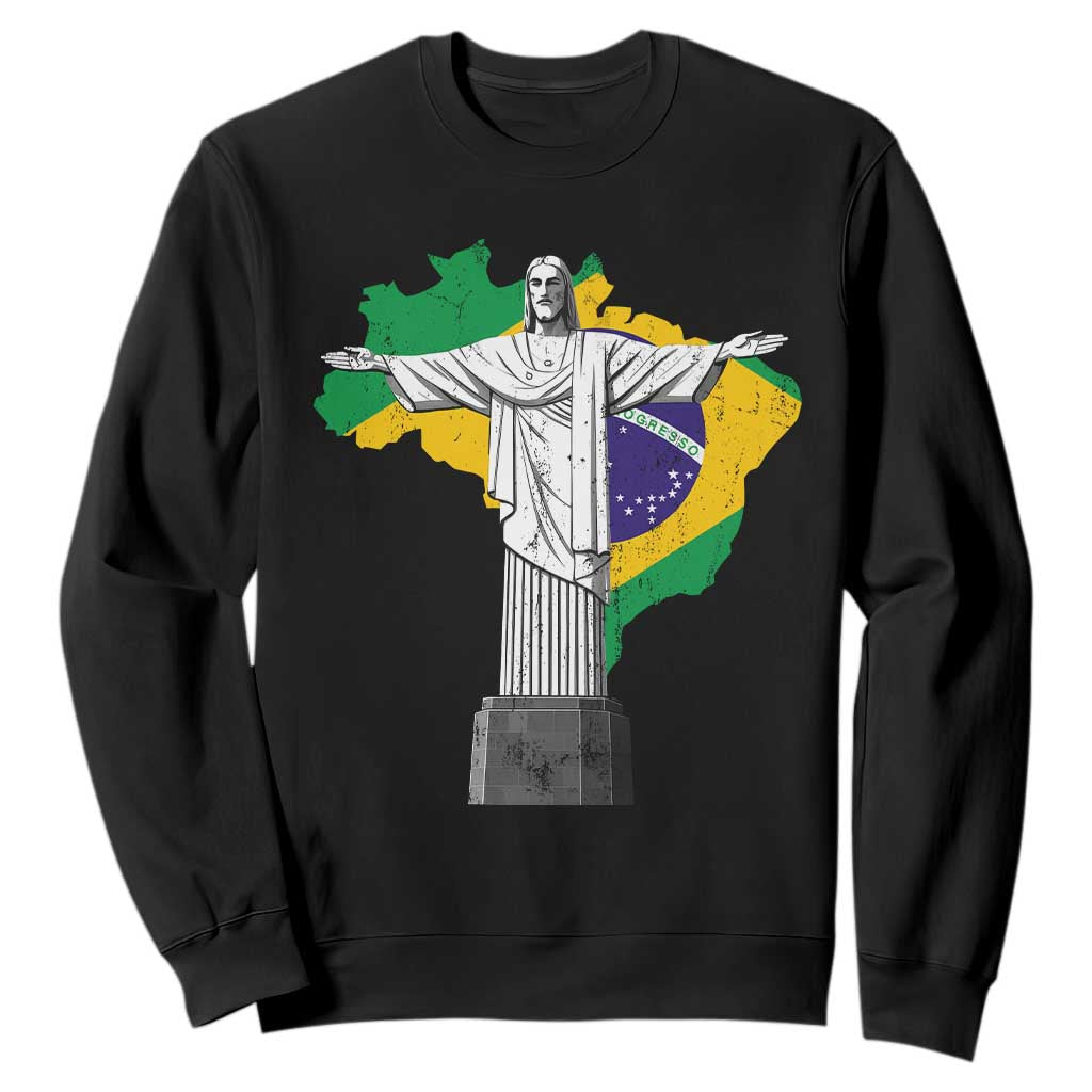 Brazilian Pride Christ the Redeemer Statue Latin America Brazil Map Sweatshirt TS11 Black Print Your Wear