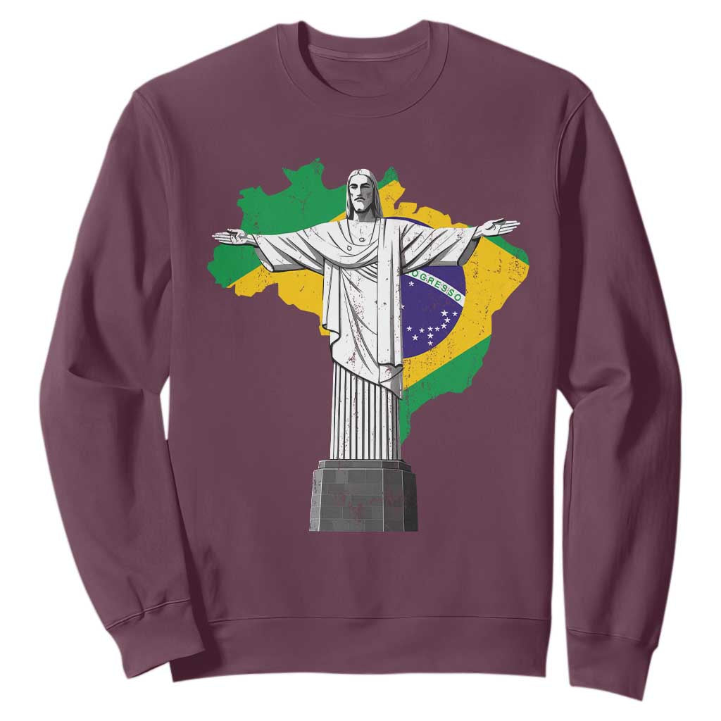 Brazilian Pride Christ the Redeemer Statue Latin America Brazil Map Sweatshirt TS11 Maroon Print Your Wear