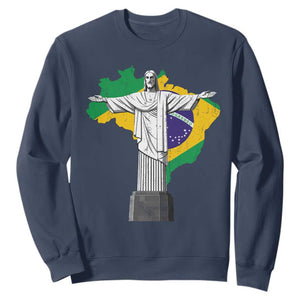 Brazilian Pride Christ the Redeemer Statue Latin America Brazil Map Sweatshirt TS11 Navy Print Your Wear