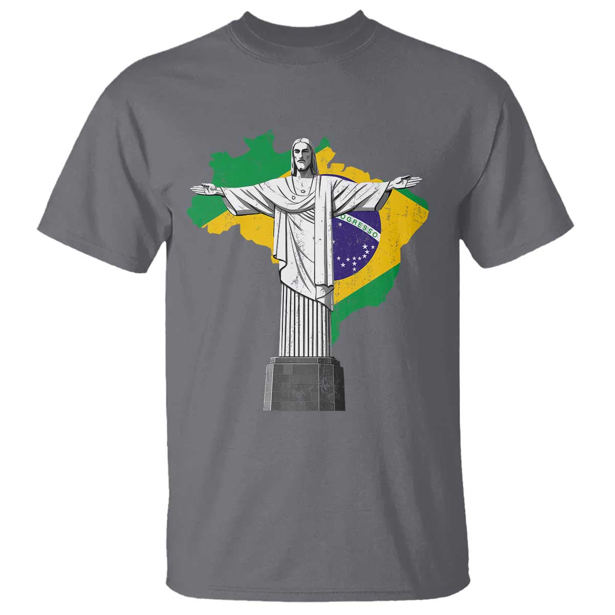 Brazilian Pride Christ the Redeemer Statue Latin America Brazil Map T Shirt TS11 Charcoal Print Your Wear