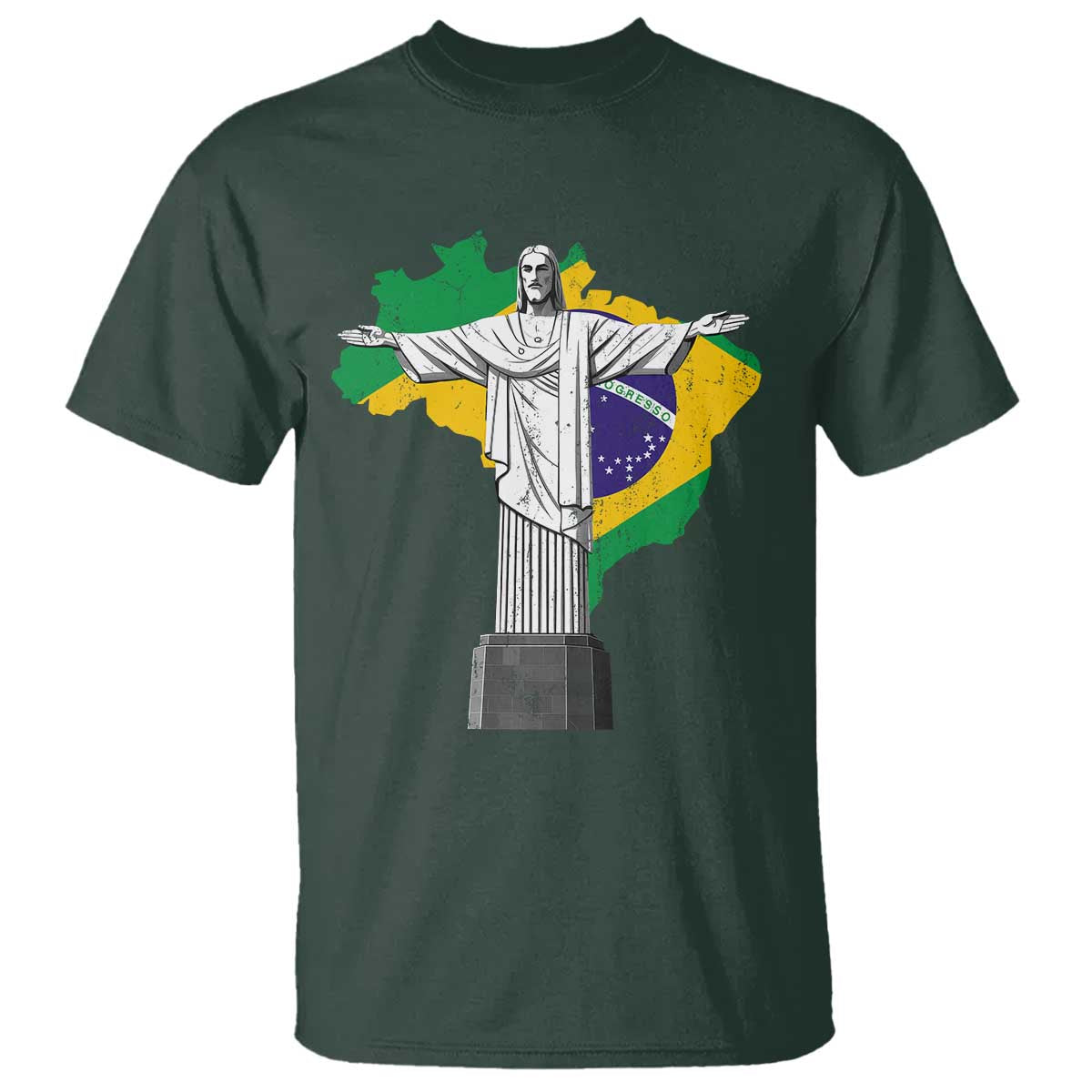 Brazilian Pride Christ the Redeemer Statue Latin America Brazil Map T Shirt TS11 Dark Forest Green Print Your Wear