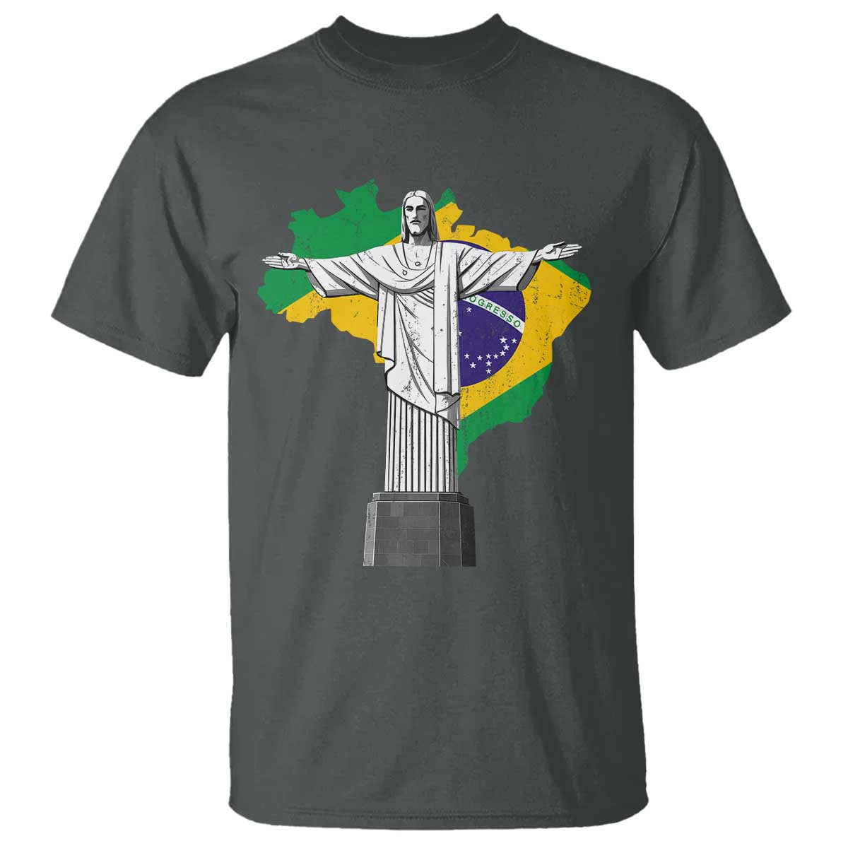 Brazilian Pride Christ the Redeemer Statue Latin America Brazil Map T Shirt TS11 Dark Heather Print Your Wear