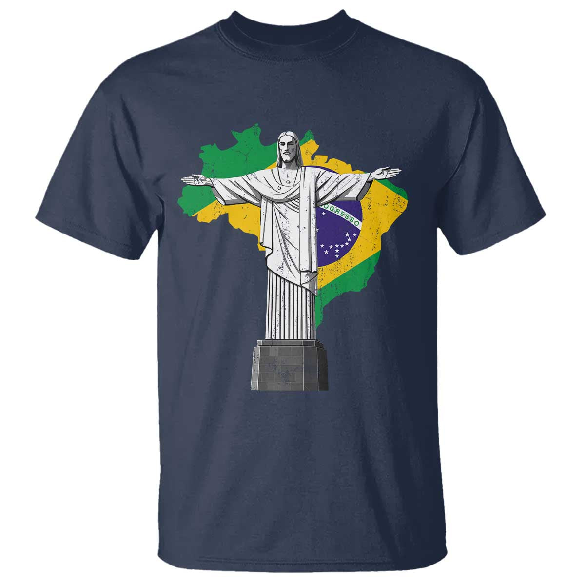 Brazilian Pride Christ the Redeemer Statue Latin America Brazil Map T Shirt TS11 Navy Print Your Wear