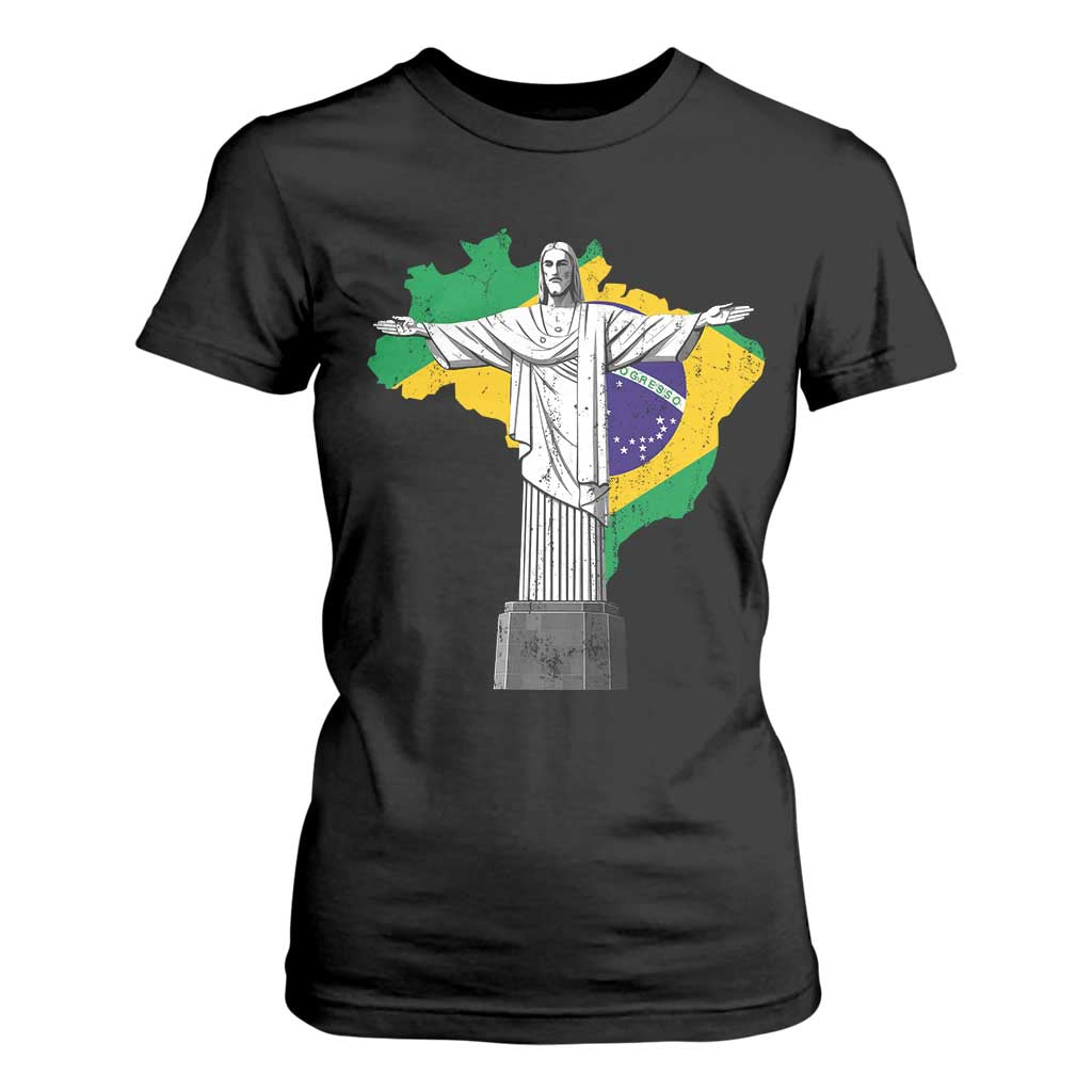 Brazilian Pride Christ the Redeemer Statue Latin America Brazil Map T Shirt For Women TS11 Black Print Your Wear