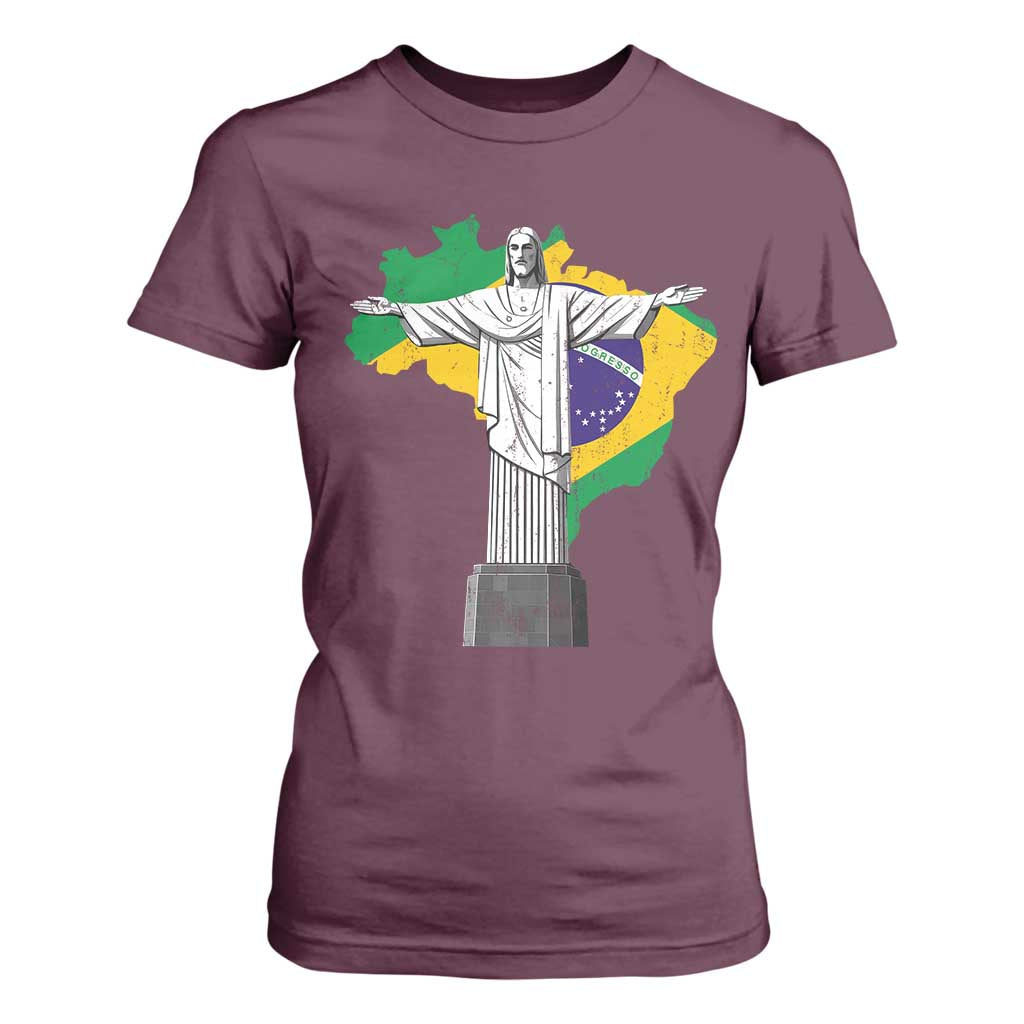 Brazilian Pride Christ the Redeemer Statue Latin America Brazil Map T Shirt For Women TS11 Maroon Print Your Wear