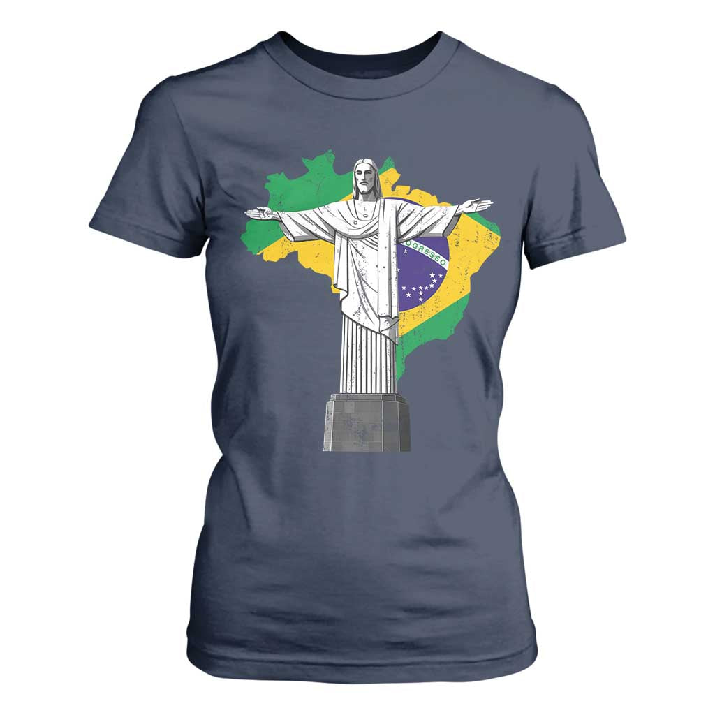 Brazilian Pride Christ the Redeemer Statue Latin America Brazil Map T Shirt For Women TS11 Navy Print Your Wear
