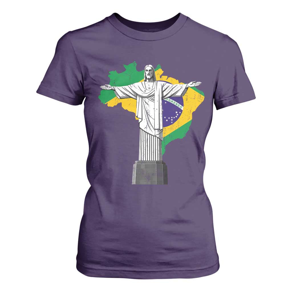 Brazilian Pride Christ the Redeemer Statue Latin America Brazil Map T Shirt For Women TS11 Purple Print Your Wear